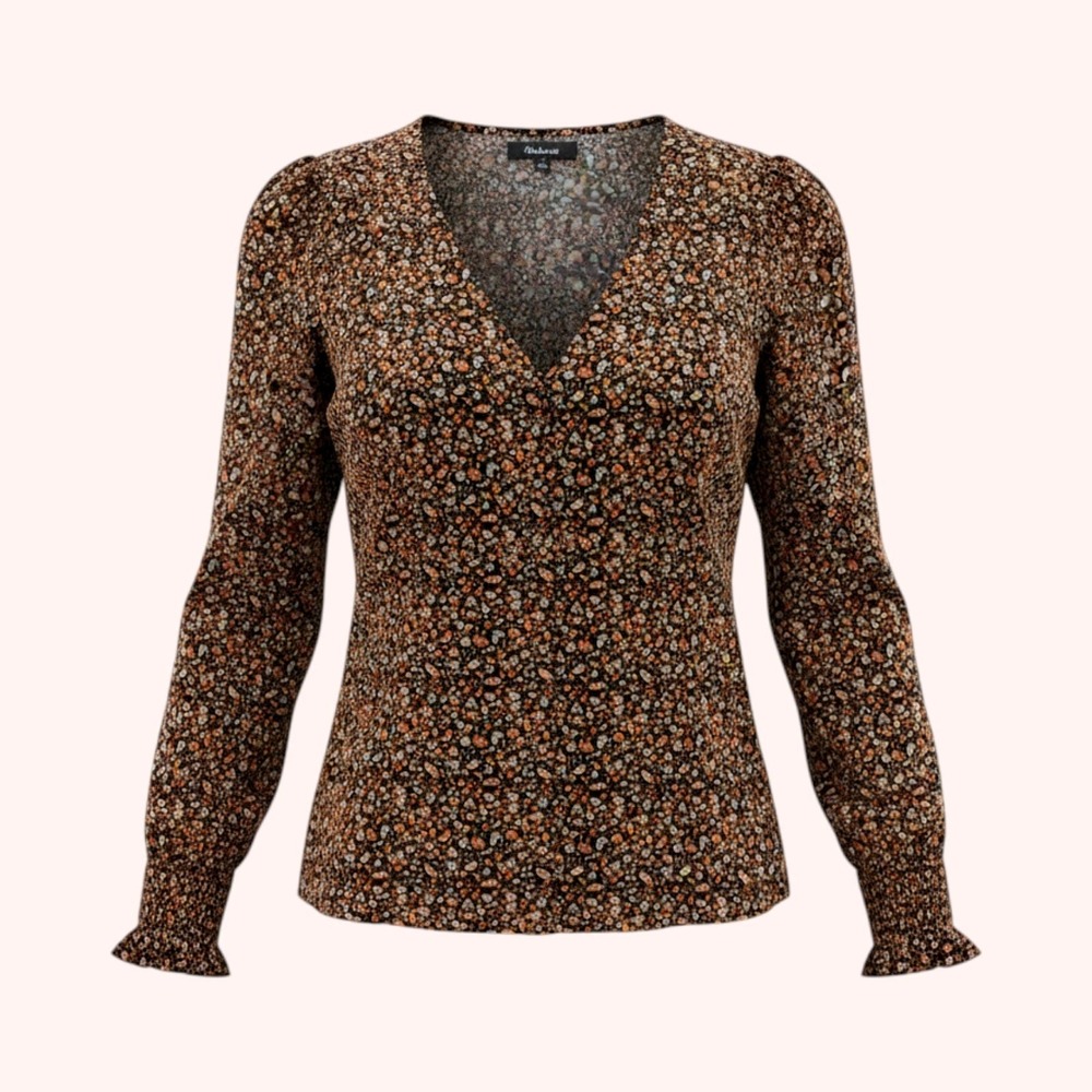 Madewell Floral V-Neck Smocked Cuff Dark Academia Blouse Brown Orange Multi 4